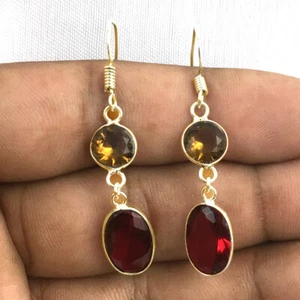 925 Sterling Silver Ruby & Citrine Silver/ Gold / Rose Gold Plated Earrings - Picture 1 of 11