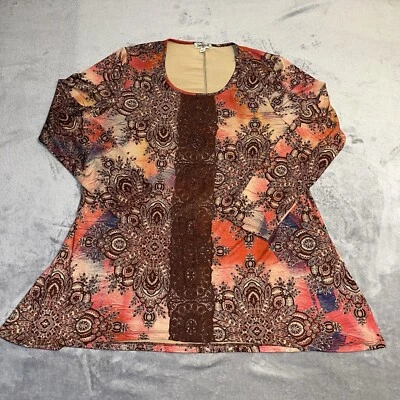 One World Womens Tunic Top Size 1X Boho Fairy Aztec Medallion Flowers Embellishe - Image 1 of 4