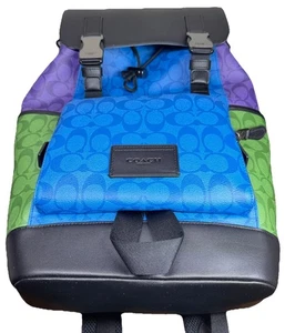 COACH TRACK UNISEX BACKPACK SIGNATURE BLOCK QB/Bright Blue Multi C9837 NWT - Picture 1 of 13