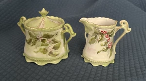 Vintage Dresen Stil Weihnachten Stechpalme Milchkännchen & Zucker mit Deckel gewellte Kanten - Bild 1 von 10
