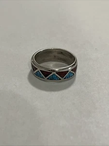 Vintage Native Zuni Sterling Silver Turquoise & Coral Chip Inlay Ring Sz 7 —(B) - Picture 1 of 10
