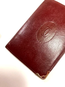 CARTIER VINTAGE MUST CC EMBOSS LEATHER ID CARD WALLET BIFOLD FRANCE BURGUNDY RED - Picture 1 of 21