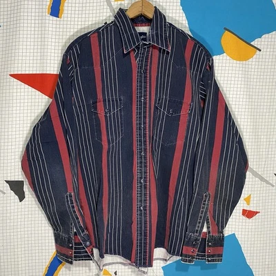 Vintage 90s Wrangler Brushpopper Shirt Large Striped Pearl Snap Navy Red Western - Image 1 of 4