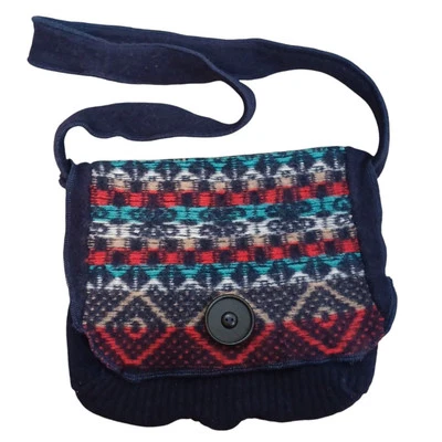 Boho Aztec Women's Crossbody Lined Button Knit Purse Bag Navy Blue Southwestern  - Image 1 of 4