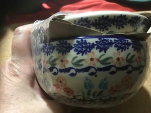 Polnische Keramik UNIKAT bedeckt Bonboniere Zuckerdose-Blumen rosa blau handgefertigt - Bild 1 von 4