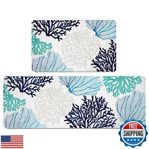 Coastal Beach Kitchen Floor Mat Rugs Set 2 Pcs Anti Fatigue Mats Ocean Themed - Picture 1 of 5