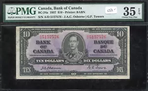 1937 Bank of Canada $10, BC-24a - PMG Choice Very Fine EPQ - S/N: A/D5157576 - Picture 1 of 2