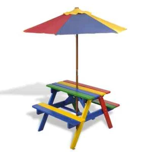 Kids Picnic Table With 2 Benches And Parasol Set Outdoor Garden Play Furniture - Picture 1 of 7