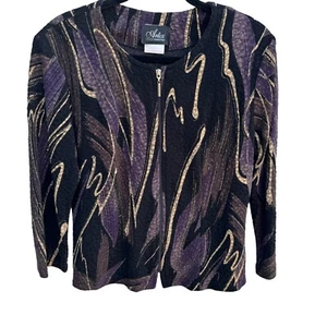 Artex Womens Glam Retro Black Purple Gold Abstract Pattern Zip Up Jacket New Med - Picture 1 of 9