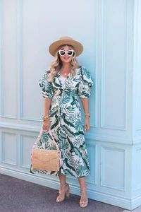Johanna Ortiz x H&M Linen Blend Midi in Green Palm Leaf Dress L Boho CottageCore - Picture 1 of 23
