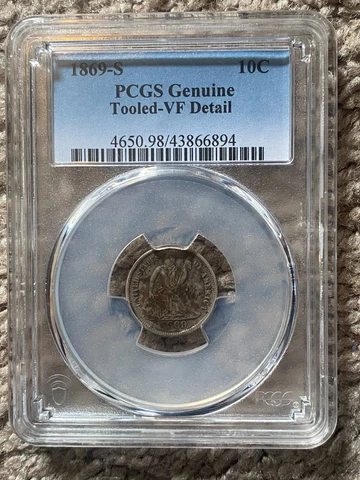 1869-S Liberty Seated Dime 10C PCGS VF Detail Tooled Cover