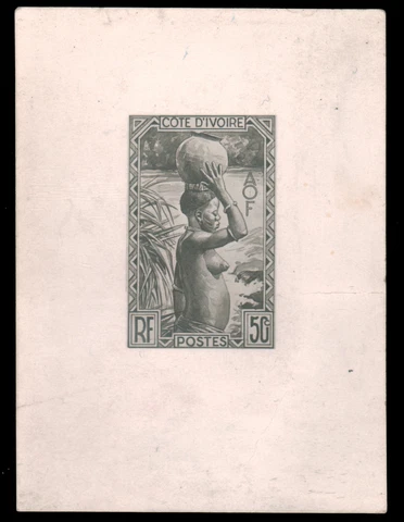 IVORY COAST 1936 50c DIE ESSAY UNISSUED DESIGN IN GRAY BLACK PRINTED ON CARD #12 Cover