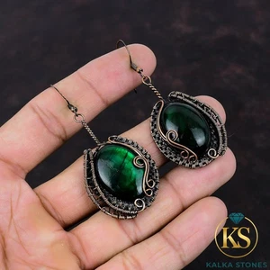 Pendientes colgantes de piedra labradorita de fuego verde envueltos en alambre de cobre joyería - Imagen 1 de 6