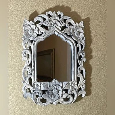 Ornate White Wall Mirror with Flowers & Carved Wood Look Rustic - Image 1 of 4