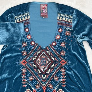 JOHNNY WAS tunica ricamata manica 3/4 velluto verde acqua donna XS western boho azteco - Foto 1 di 24