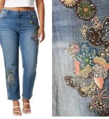 Jeans VENEZIA bordado feminino plus size 22 elástico frisado hippie desgastado  - Imagem 1 de 4