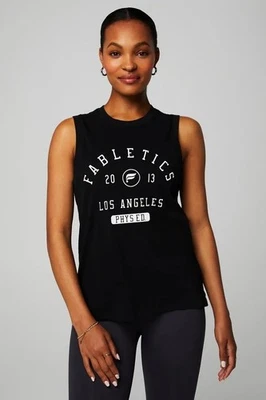 Camiseta sin mangas Fabletics para mujer 100 % algodón grande atlética gimnasio músculo negro gráfico Foto 1 de 4