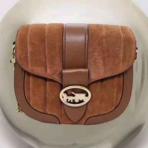 Coach Georgie Saddle BAg w/Linear Quilting Suede & Leather Red Wood C5636 - Picture 1 of 11