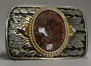 3” Carved Metal Belt Buckle With Jasper Cabochon Stone Western Made in USA - Picture 1 of 8