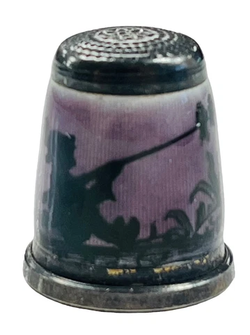 Vintage Antique Sterling Silver Enamel Thimble Boy Fishing Birds Tree Marked M Cover