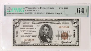 1929 TY1 $5 PMG 64EPQ Waynesboro CH#5832 National Bank Note Item#P18498 - Picture 1 of 2