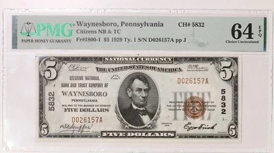 1929 TY1 $5 PMG 64EPQ Waynesboro CH#5832 National Bank Note Item#P18498 - Image 1 of 2