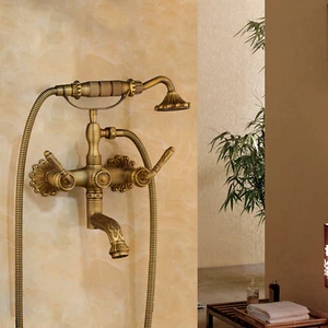 Carved Antique Brass Bathroom Tub Shower Tap Hand Spray Mixer Faucet Wall Mount - Picture 1 of 12