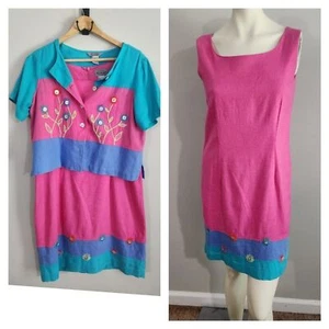 Vintage 80s Stonebridge Linen 2 Pc Dress Set 6P Quirky Tri Color Embroidered - Picture 1 of 16