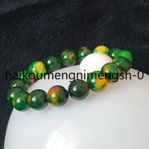 12mm Green Yellow Natural Burma A Jade jadeite Round Bead Elastic Bracelet 7.5" - Imagen 1 de 9
