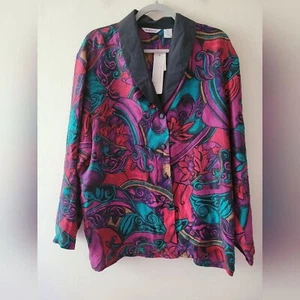 VTG Private Luxuries 90s Abstract Art To Wear 100% Silk Collared Button Top XL - Picture 1 of 7