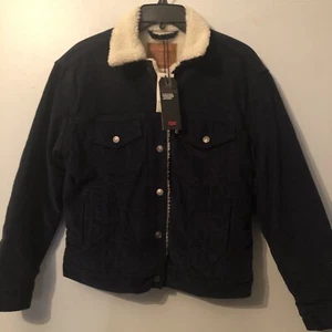Womens Levis Navy Corduroy Sherpa Lined Trucker Jacket Size Small - Picture 1 of 8
