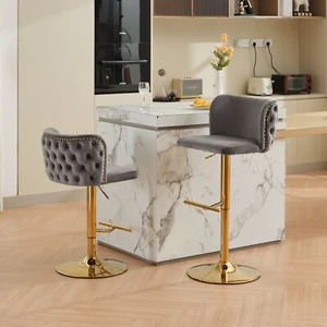Set of 2 Velvet Bar Stools 25"-33" Adjustable Swivel Counter Height Pub Chairs - Picture 1 of 19