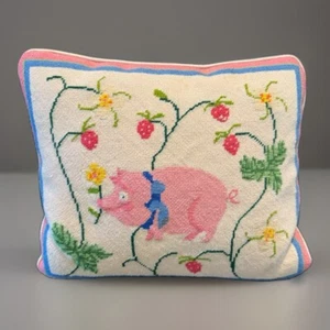 VTG Needlepoint Throw Pillow Pig Strawberries Floral Wool 12x10 Handcrafted - Picture 1 of 17