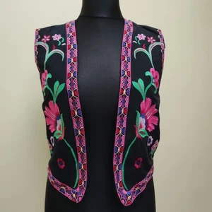Okkulte schwarz rosa Blumen bestickt Weste Vest Gr. Small grün Boho künstlerisch - Bild 1 von 12