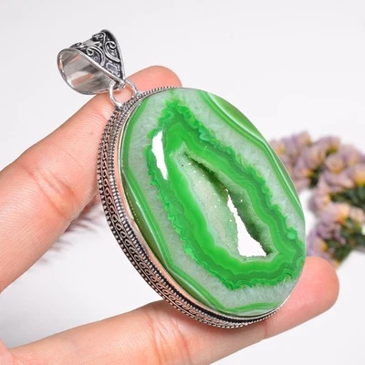 Grün Botswana Achat Druzy Quarz Edelstein Handmade 925 Silber Anhänger 3 " 47.7 - Bild 1 von 4