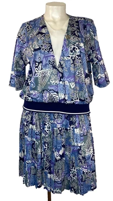 Vintage 1980s drop-waist dress set XL two piece outfit top skirt plus size blue - Image 1 of 4