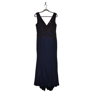 Vestido MIKAEL AGHAL $799 Adornado Sin Mangas Cuello en V Alto Bajo Azul Marino Talla 10 - Imagen 1 de 4