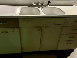 Vintage Whirlpool Kitchen porcelain sink w/ drainboards ,metal base cabinets - Picture 1 of 19