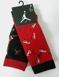 Nike Air Jordan 2-PAIR Boys Jumpman Crew Socks 9-11 Black Red Kids Shoe 5Y-7Y - Picture 1 of 6