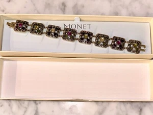 Monet Rhinestone Link Bracelet Antiqued Gold Tone New in Box - Picture 1 of 7