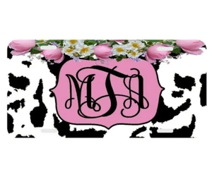 Cow Print Pink Floral Personalized Monogrammed License Plate Custom Car Tag - Imagen 1 de 4