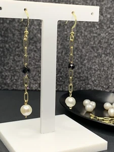Freshwater Pearl Beaded 14K Gold Plated Paper Clip Dangle Drop Earrings - Picture 1 of 6