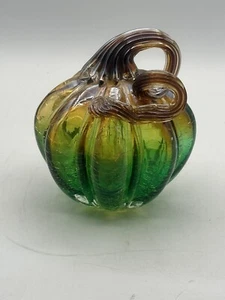Pier 1 Imports Pumpkin Verre Artisanal Crackle Glass Green Amber Brown 4” X 4.5” - Picture 1 of 12