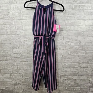 NWT Amy Byer Formal Jumpsuit Girl's 10 Navy/Pink Sleeveless Belted Full Romper - Picture 1 of 5