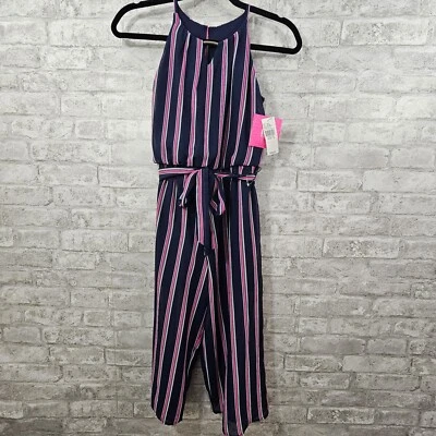 NWT Amy Byer Formal Jumpsuit Girl's 10 Navy/Pink Sleeveless Belted Full Romper - Image 1 of 4