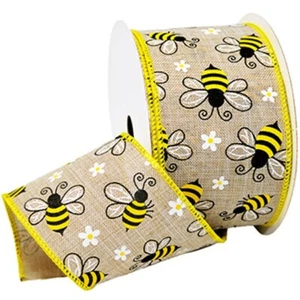 Bumblebee Natural Burlap 2.5" Wide Wired Ribbon 25 Yd yellow black honey daisy - Picture 1 of 1