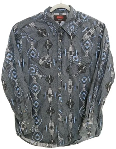 Rock & Roll Shirt Mens Large Gray Blue Western Pearl Snap Aztec Modern Fit - Picture 1 of 6