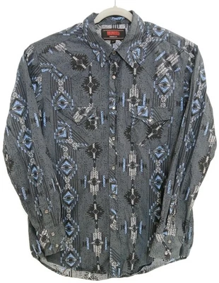 Rock & Roll Shirt Mens Large Gray Blue Western Pearl Snap Aztec Modern Fit - Image 1 of 4