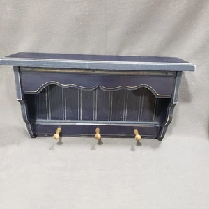 Wood Wall Shelf Navy Blue Farmhouse 3 Peg Hooks Distressed Primitive Country - Picture 1 of 14