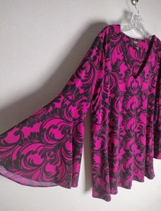 Alfani Fuchsia Black Damask Bell Sleeve V-Neck Top Large - Picture 1 of 4